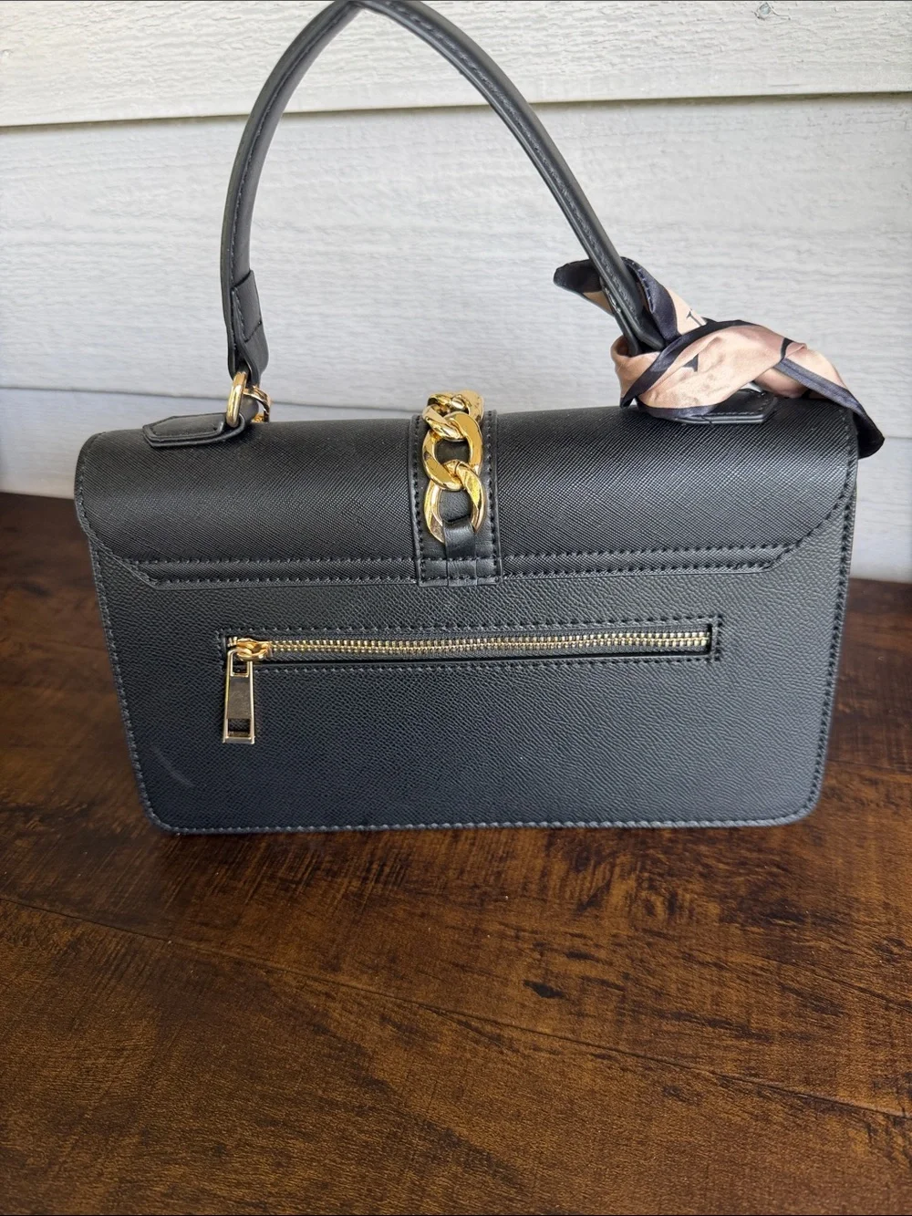 ALDO Black Satchel with Gold Chain and Charm Detail